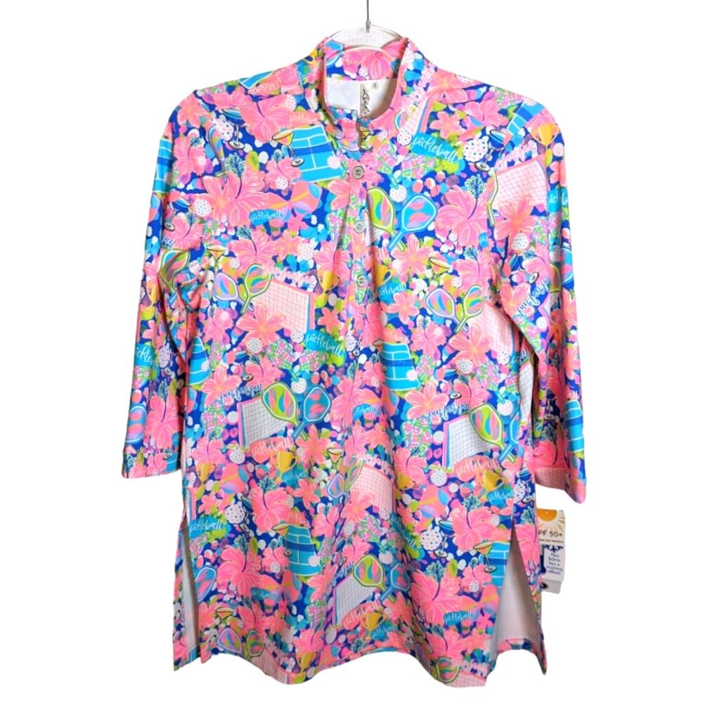 LuLu B Pickleball Print Bright 3 Button Top Cooling Fabric UPF 50 Stretch NWT S